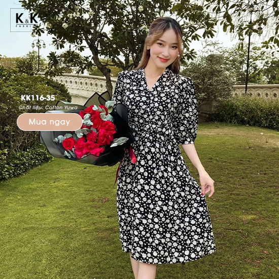 Đầm đen họa tiết tay lỡ dáng chữ a phối đai eo KK116-35