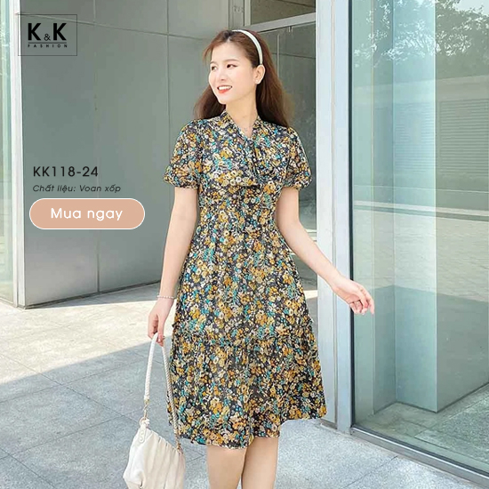 Đầm xòe đuôi cá hoa nhí tay lỡ KK114-14 | Thời trang công sở K&K Fashion