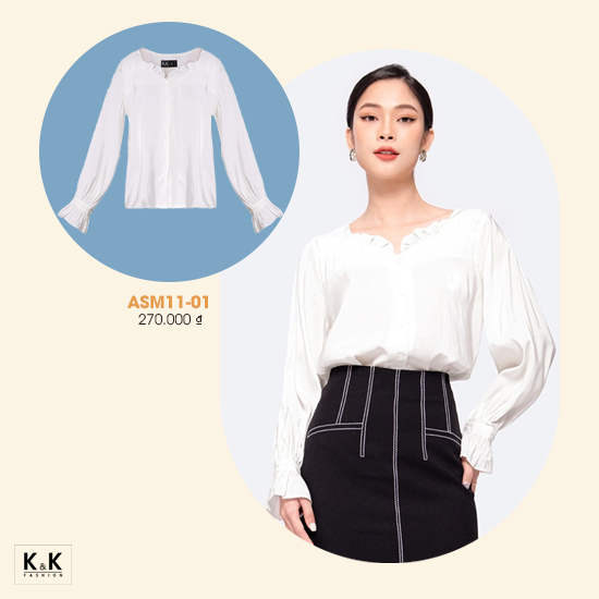 Áo kiểu trắng cổ viền bèo tay dài ASM11-01