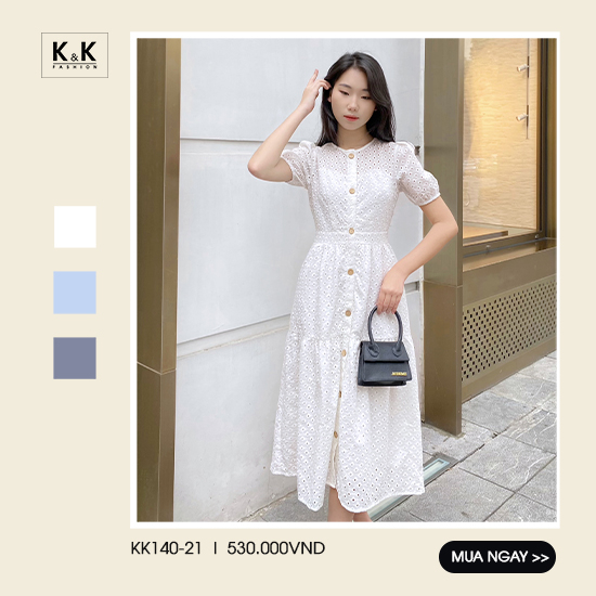Đầm ren trắng dáng xòe dài phối nút KK140-21