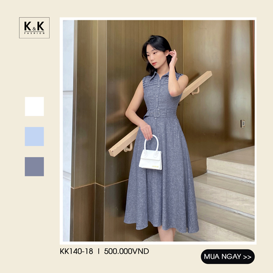 Đầm sơ mi xòe denim phối thắt lưng KK140-18