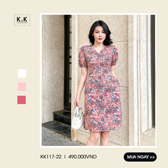 Đầm công sở họa tiết dáng xòe cổ V KK117-