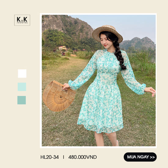 Đầm voan hoa nhấn eo dáng xòe HL20-34