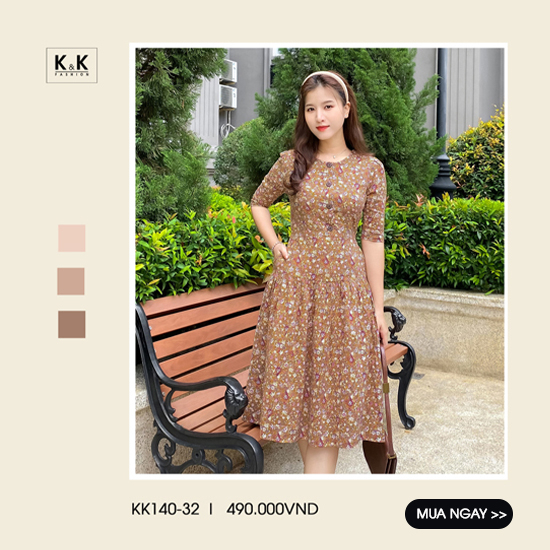 Đầm hoa dáng xòe công sở phối nút KK140-32