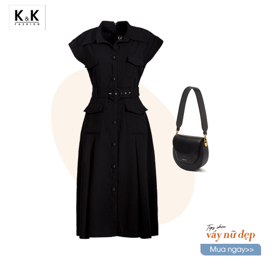 Đầm sơ mi đen công sở phối đai eo KK140-10