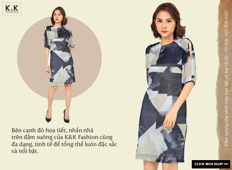 Đầm suông nhẹ họa tiết phối màu xẻ tay HL09-19