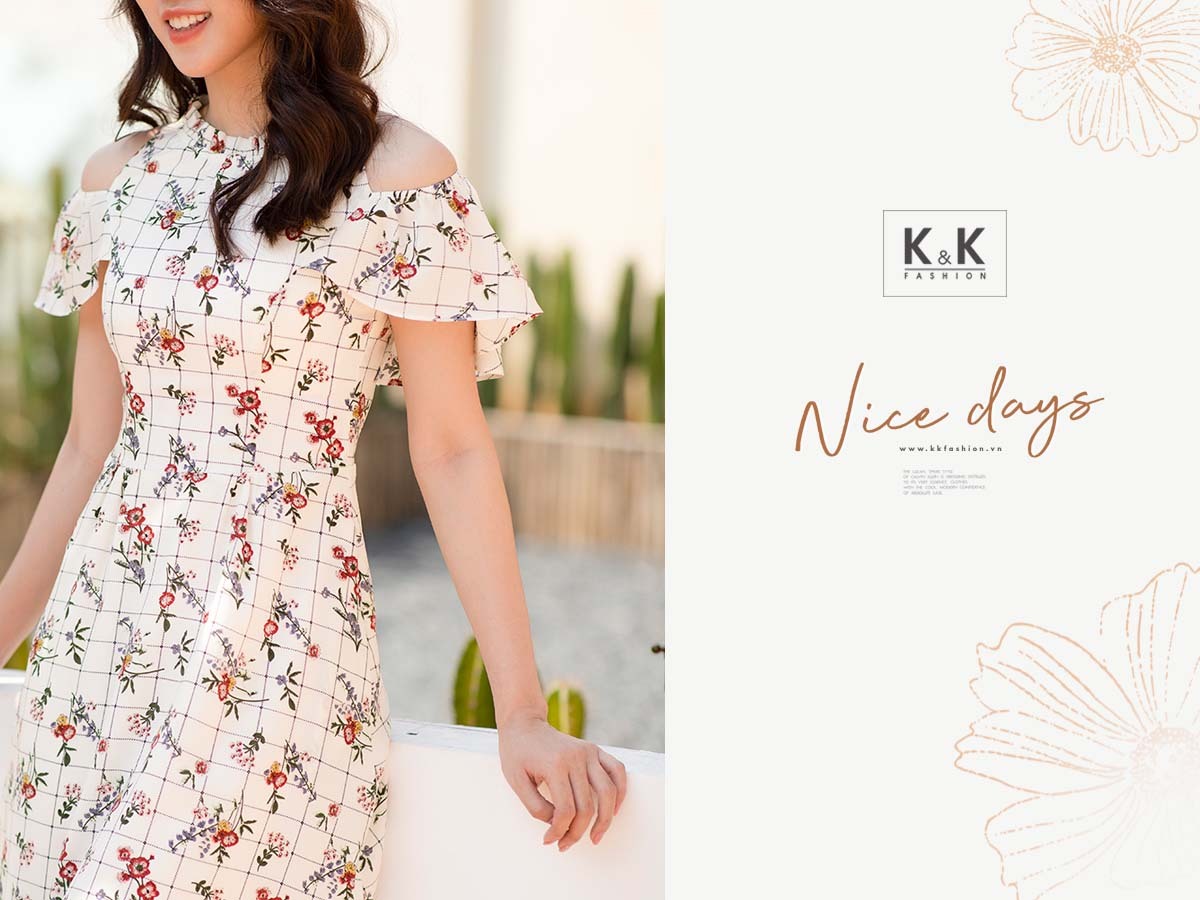 Đầm hoa dáng xòe trễ vai HL12-07