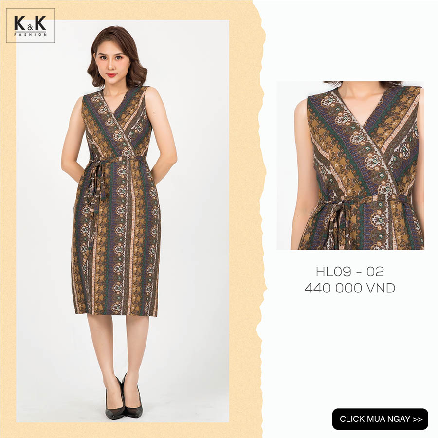 Đầm thổ cẩm cổ V sát nách HL09-02