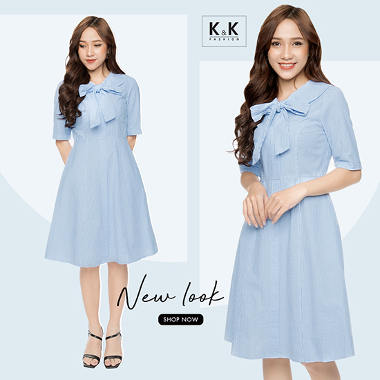 Đầm kẻ sọc dáng xòe cổ sen phối nơ KK88-31