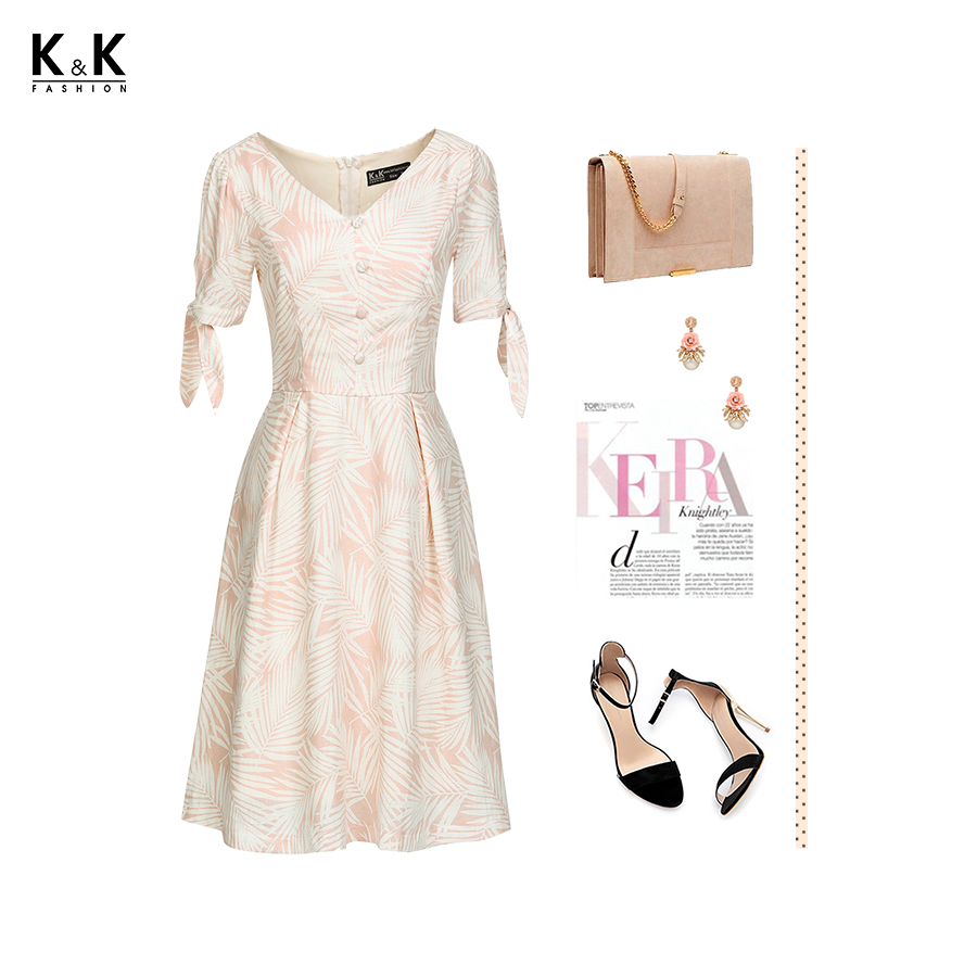 Đầm họa tiết tay nơ cổ V KK84-24