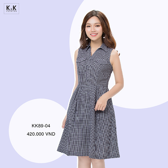 Đầm xòe caro sát nách cổ sơmi KK89-04