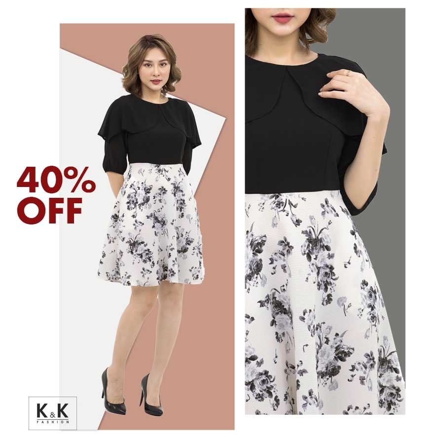 Đầm xòe phối bèo họa tiết hoa HL09-09