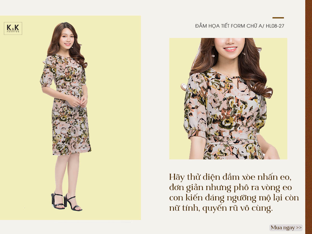 Đầm họa tiết form chữ A cổ cut-out nhấn eo HL08-27