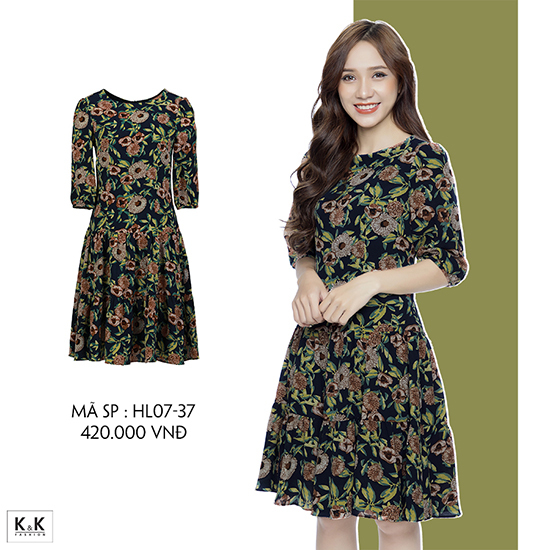 Váy hạ eo tay lửng họa tiết hoa HL07-37