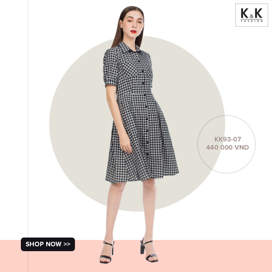 Đầm xòe cổ sơ mi phối túi KK93-07