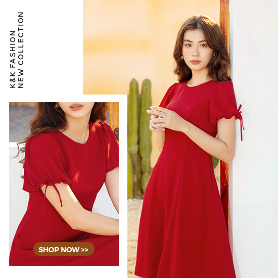 Đầm đỏ dáng xòe phối nơ KK95-16