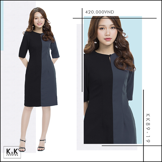 Đầm chữ A phối màu tay lửng KK89-19