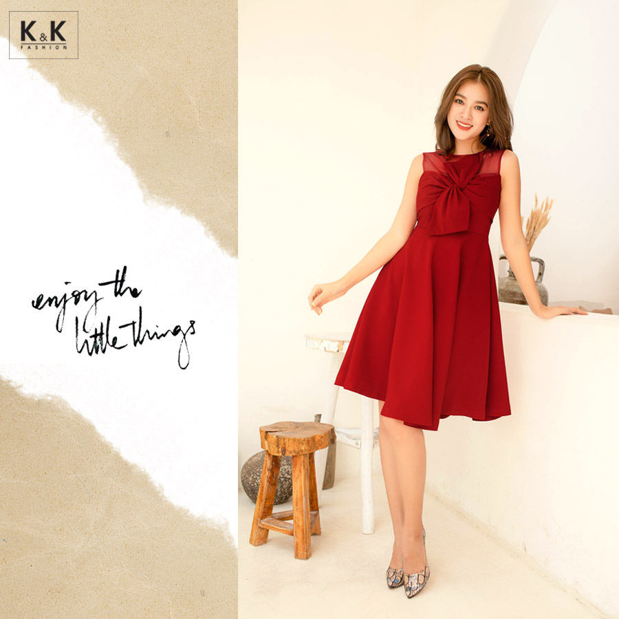 Đầm đỏ dáng xòe phối nơ HL11-17