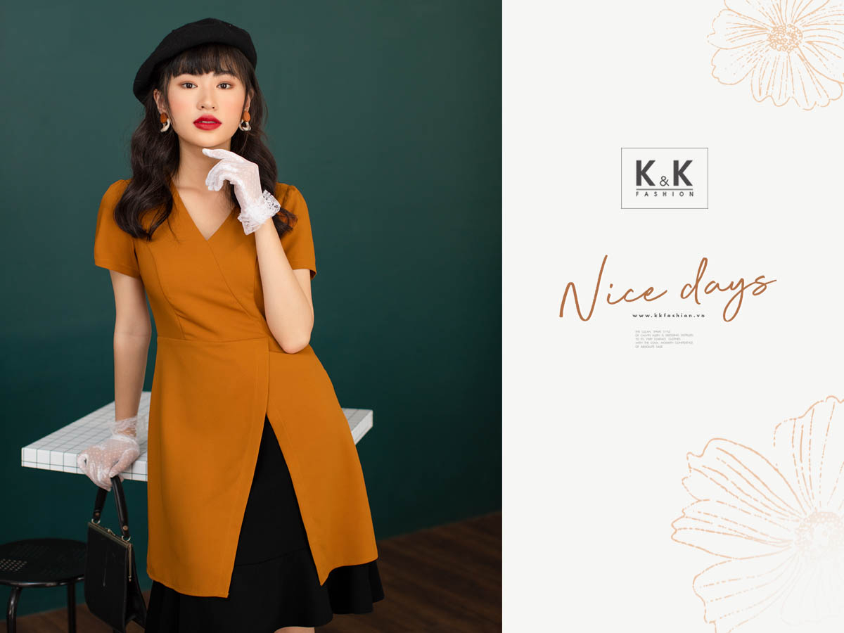 Đầm xòe cổ tim tay ngắn xẻ tà KK95-38