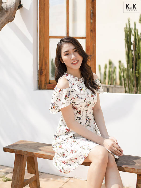 Đầm hoa dáng xòe trễ vai HL12-07