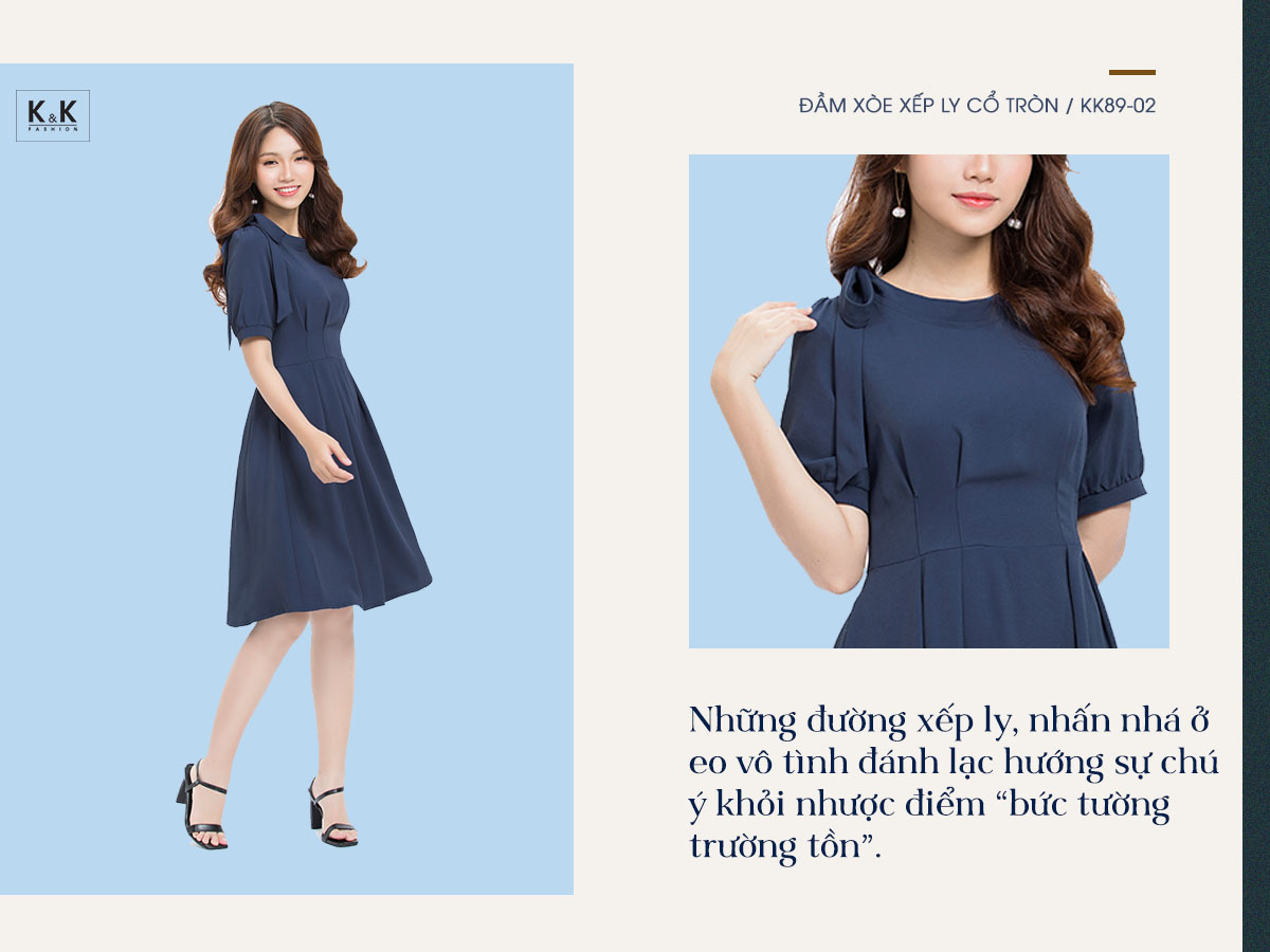 Đầm xòe xếp ly cổ tròn phối nơ vai KK89-02