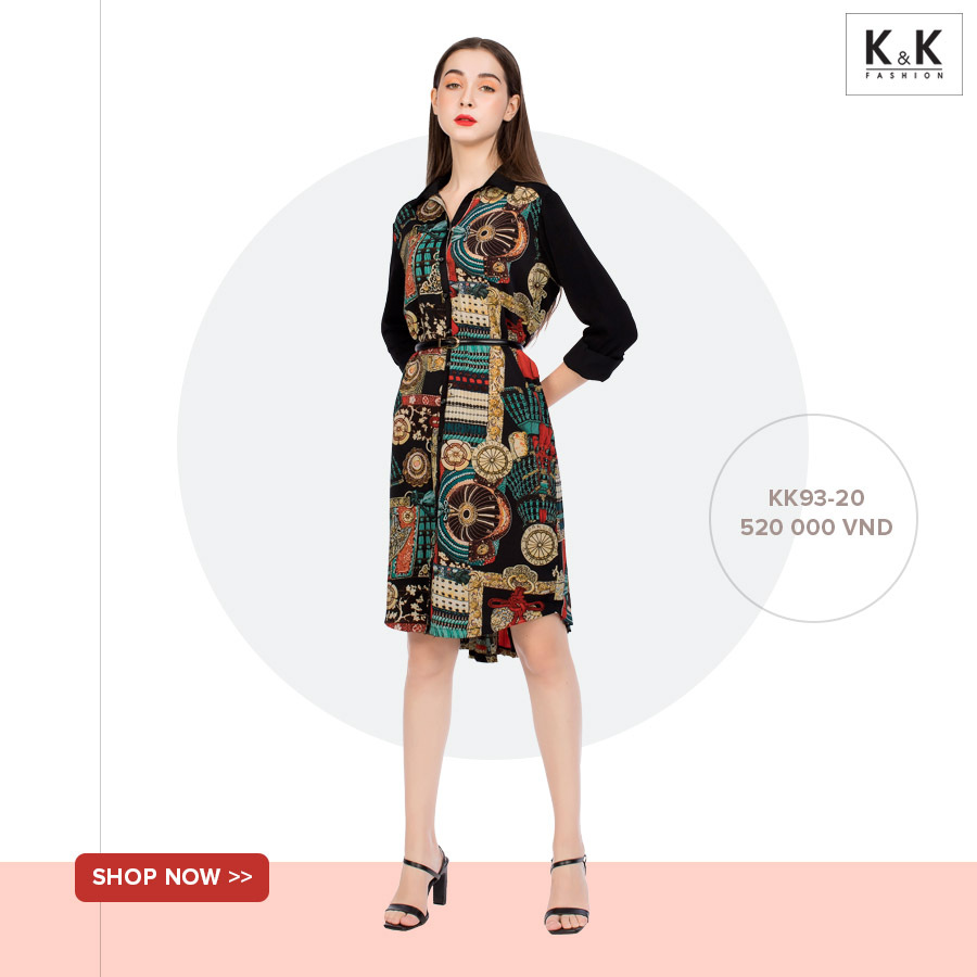 Đầm sơ mi họa tiết tay dài KK93-20