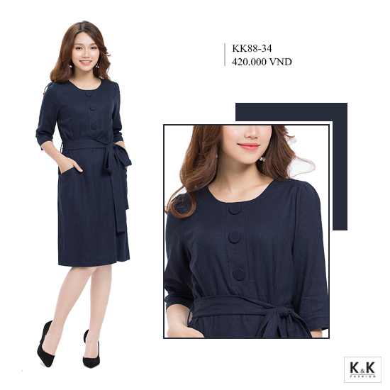 Đầm linen dáng suông phối nơ eo KK88-34