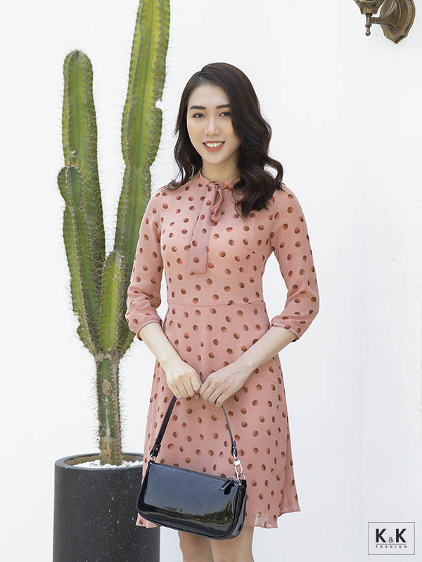 Đầm xòe tay lửng cổ phối nơ KK95-25