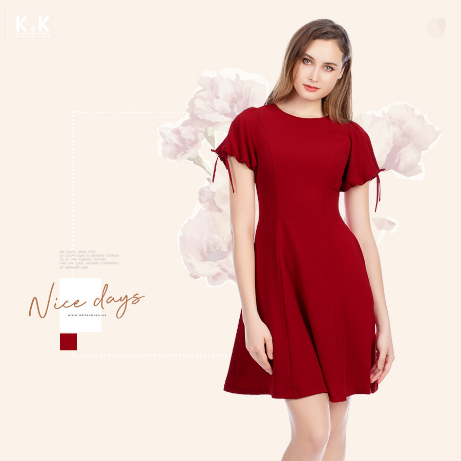 Đầm đỏ dáng xòe phối nơ KK95-16