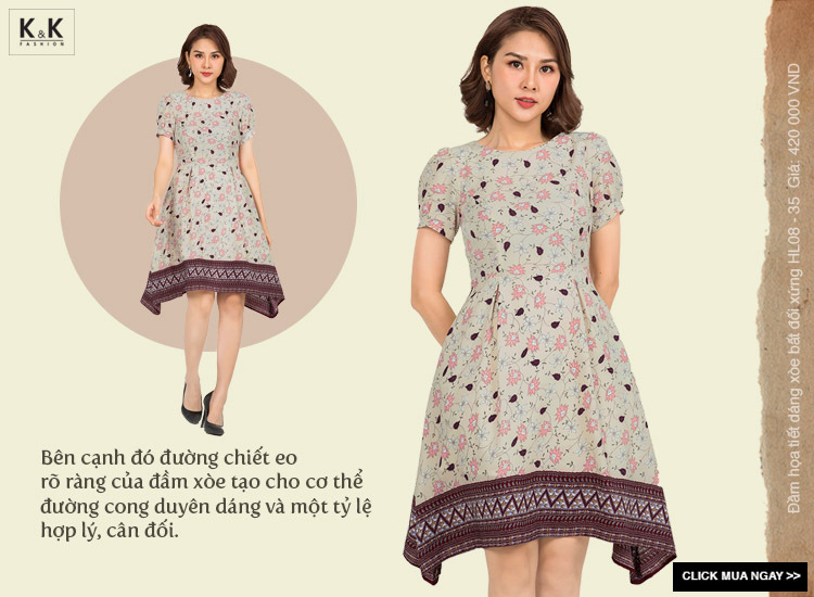 Đầm họa tiết dáng xòe bất đối xứng HL08-35