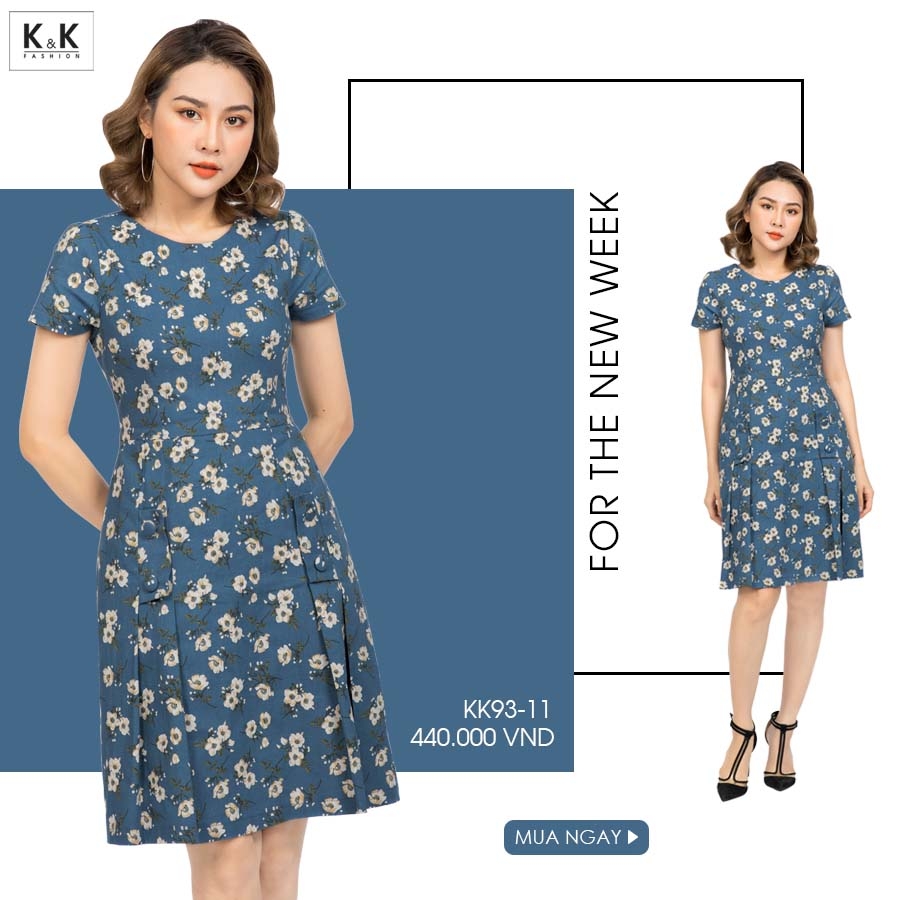 Đầm hoa chữ A xếp ly tay ngắn KK93-11