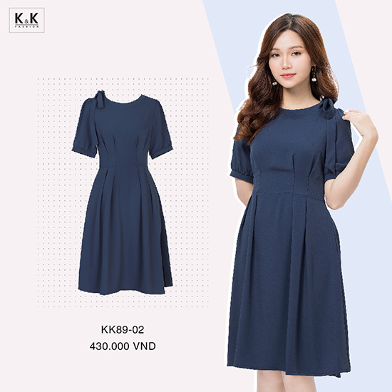 Đầm xòe xếp ly cổ tròn phối nơ vai KK89-02