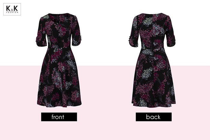 Đầm xòe hoa cổ V đính nút KK88-40