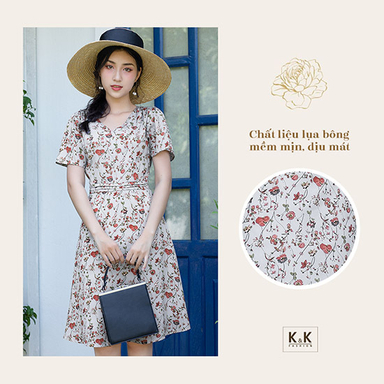 Đầm xòe hoa xếp ly eo cổ V  KK90-02