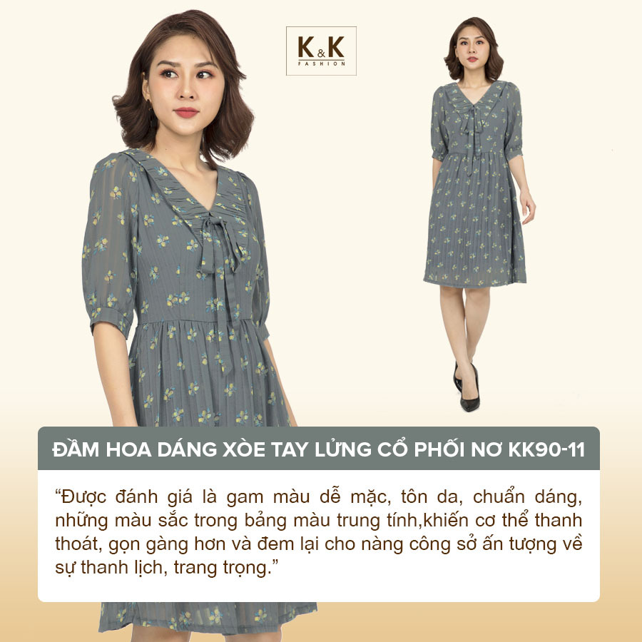 Đầm hoa dáng xòe tay lửng cổ phối nơ KK90-11