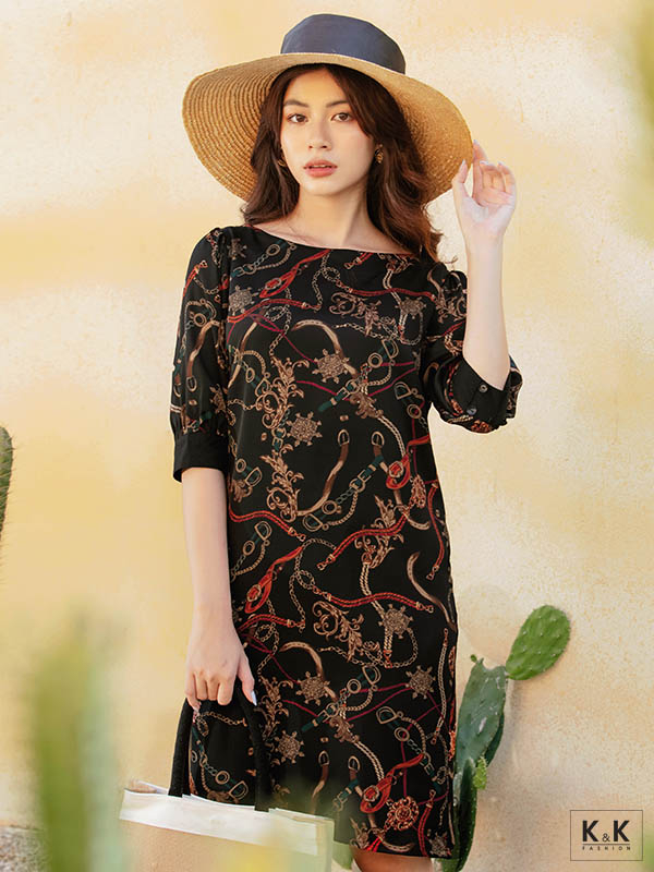 Đầm họa tiết dáng suông tay lửng HL12-20