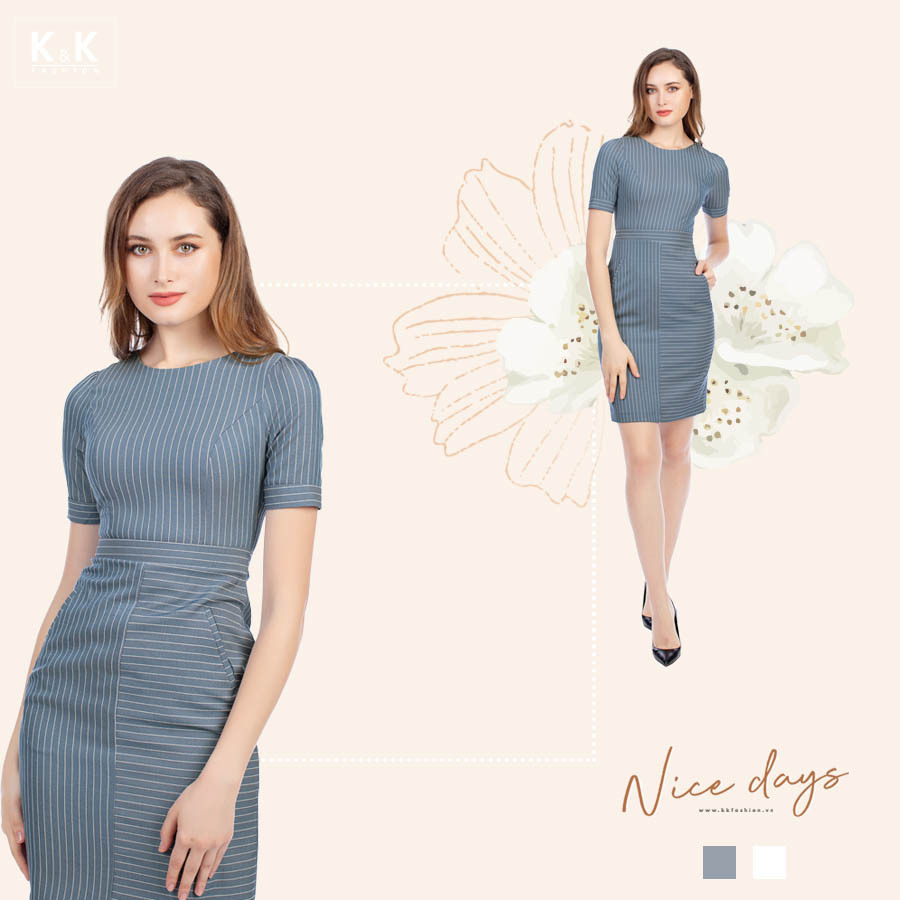 Đầm sọc ôm body cổ tròn tay ngắn KK95-20