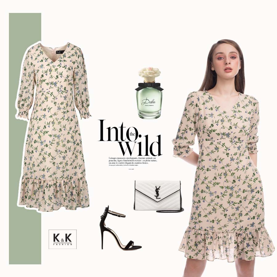 Đầm hoa cổ tim tay lửng HL09-24