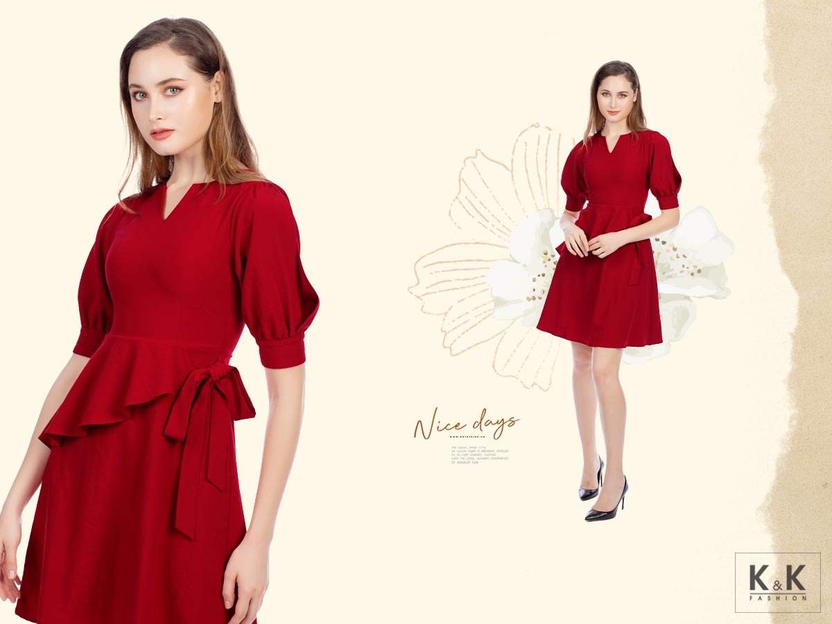 Đầm xòe peplum cách điệu phối nơ HL12-19