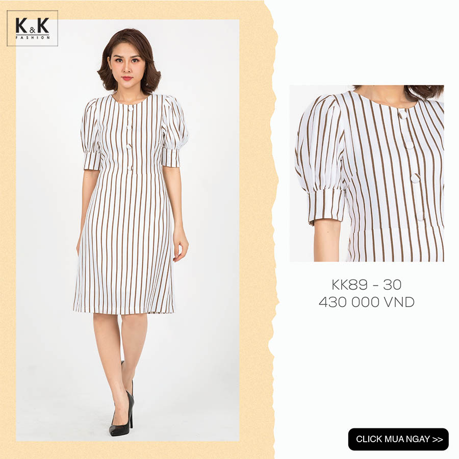 Đầm chữ A tay phồng họa tiết kẻ sọc KK89-30