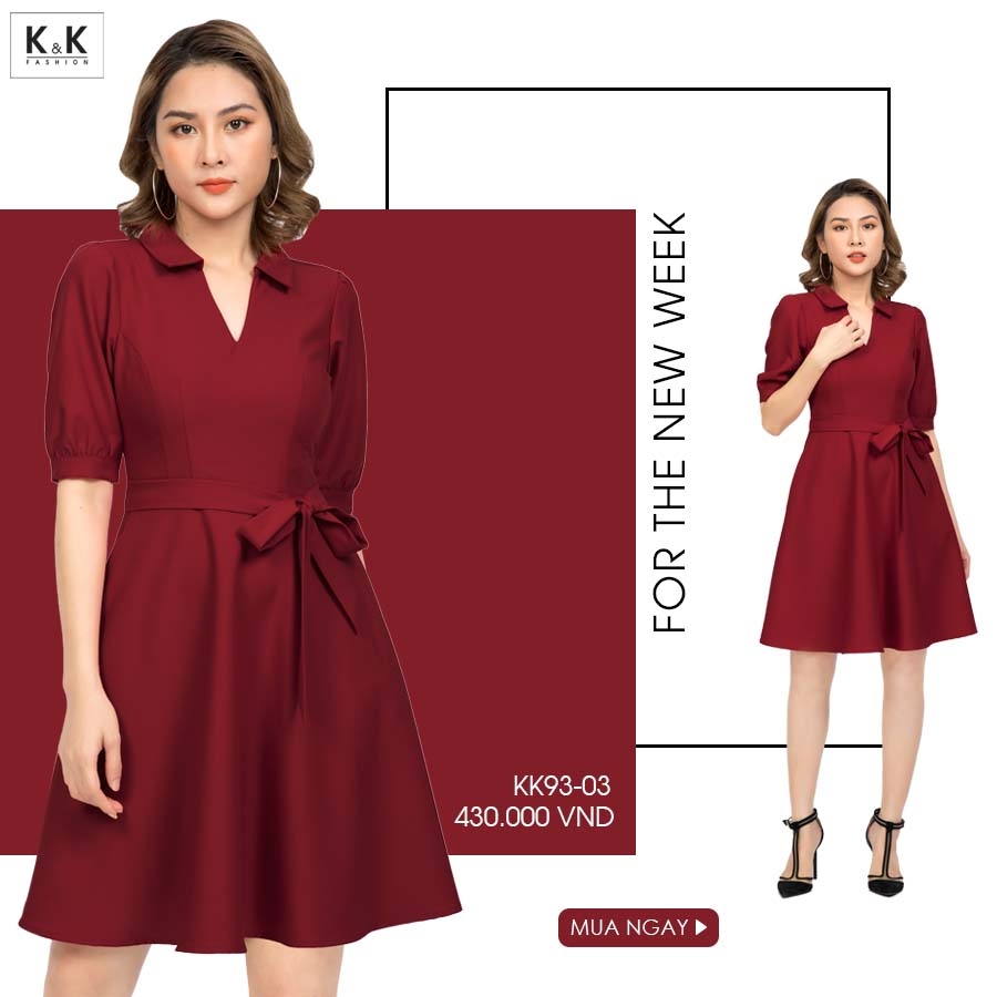 Đầm xòe cổ sơ mi tay lửng phối nơ KK93-03