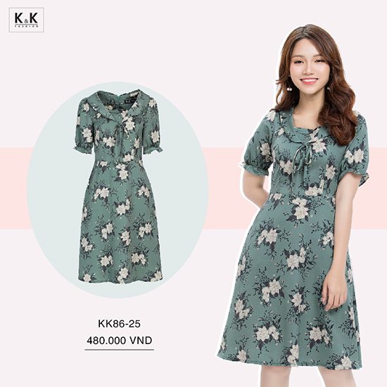 Đầm xòe hoa cổ sen tay bo thun KK86-25