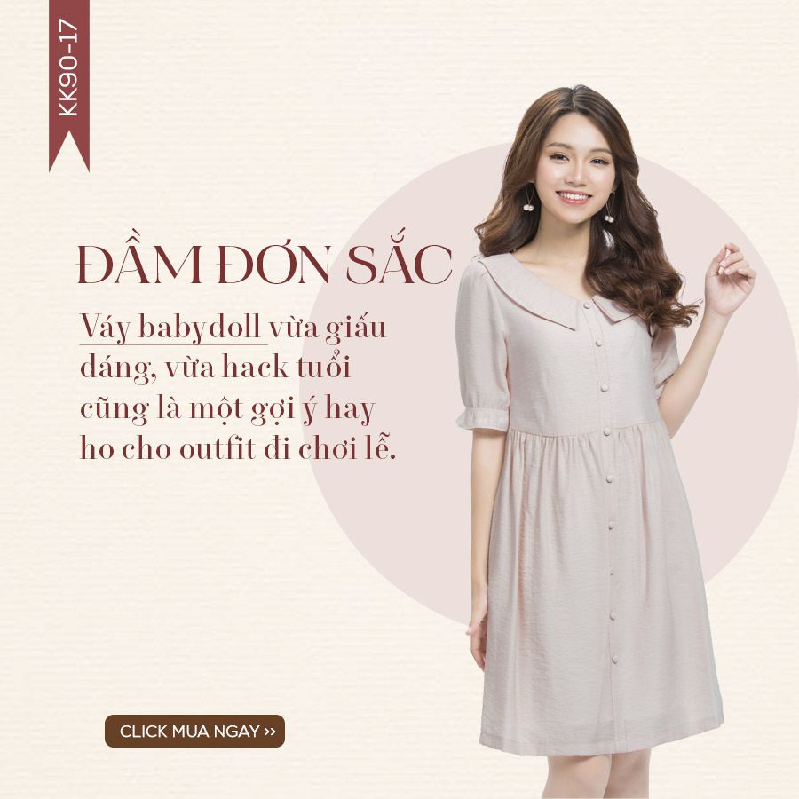 Đầm baby-doll cổ sen đính nút KK90-17