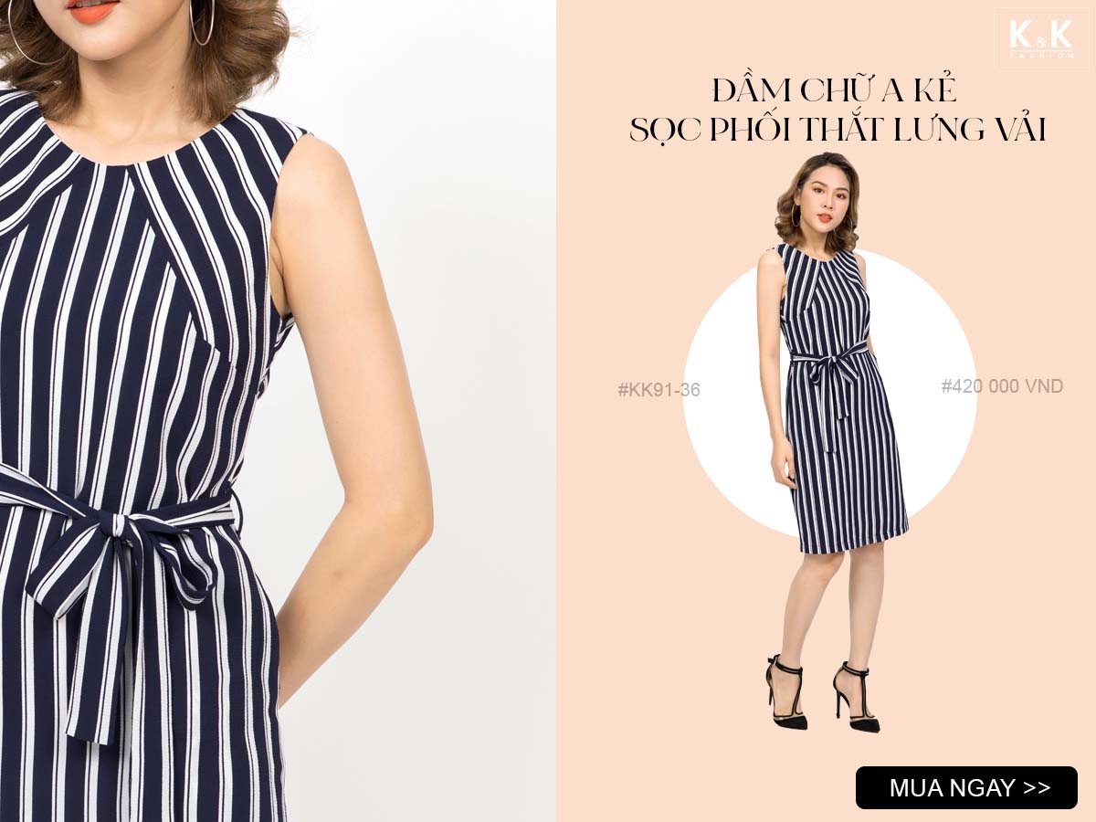 Đầm chữ A kẻ sọc phối thắt lưng vải KK91-36
