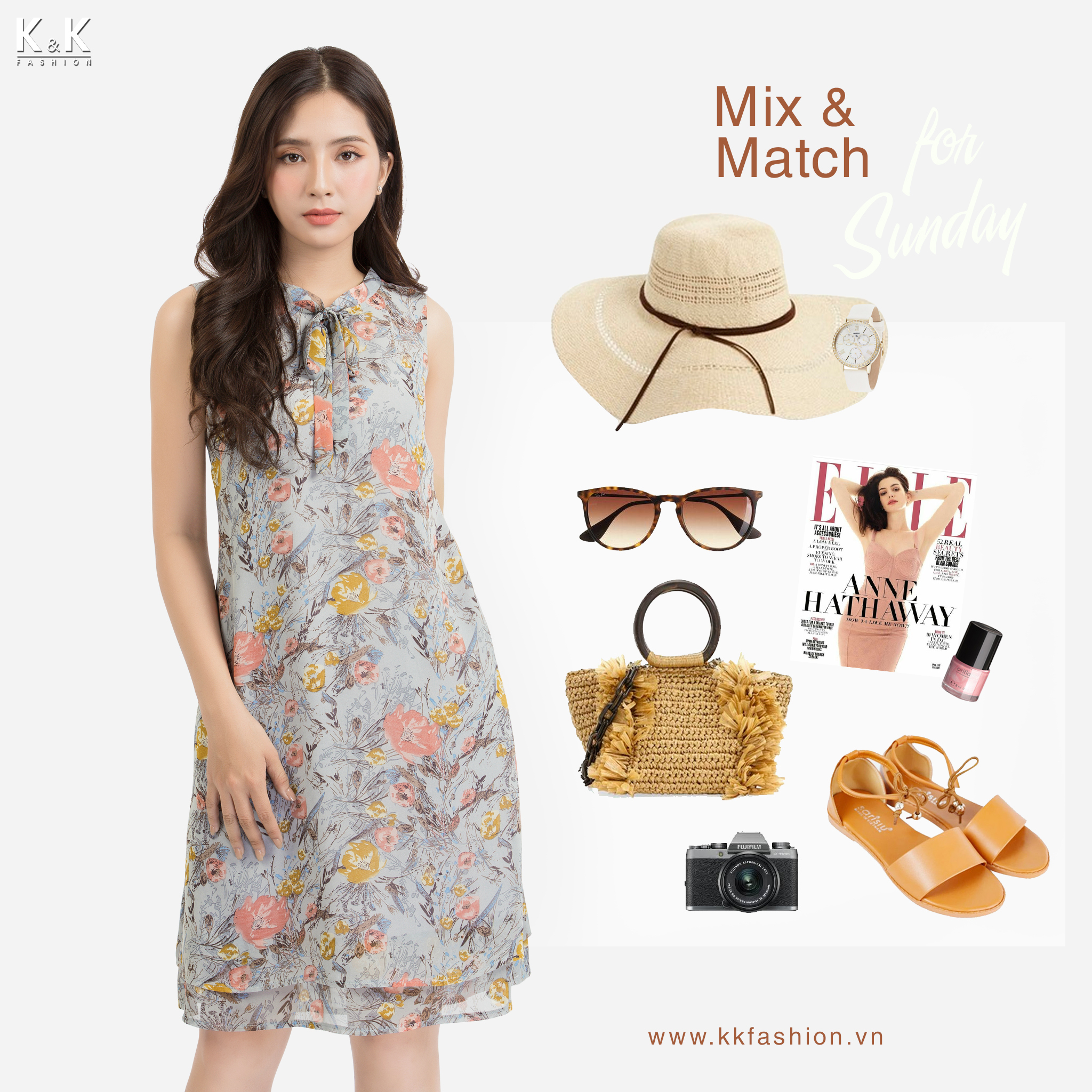 Đầm sát nách họa tiết dáng suông KK86-18