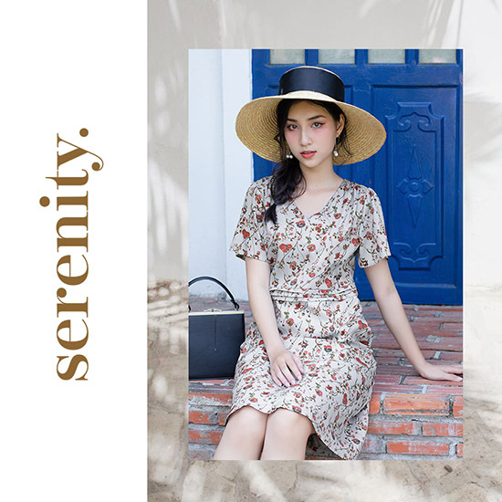 Đầm xòe hoa xếp ly eo cổ V KK90-02