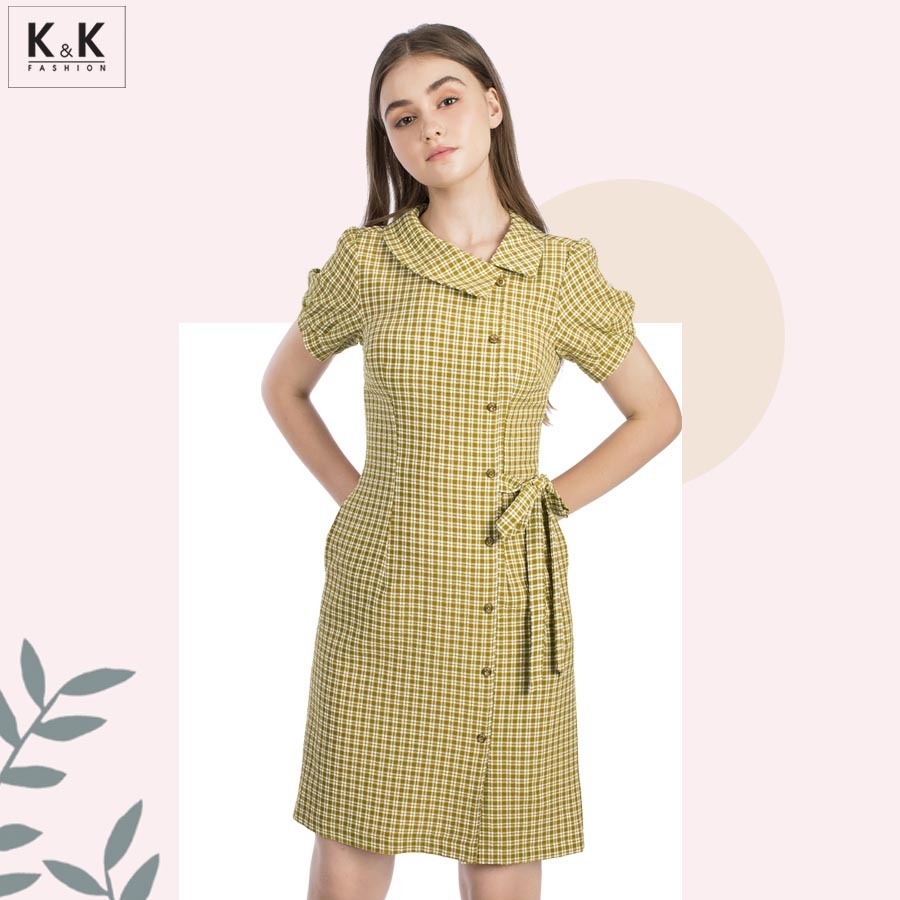 Đầm chữ A caro cổ sen phối nơ KK94-04