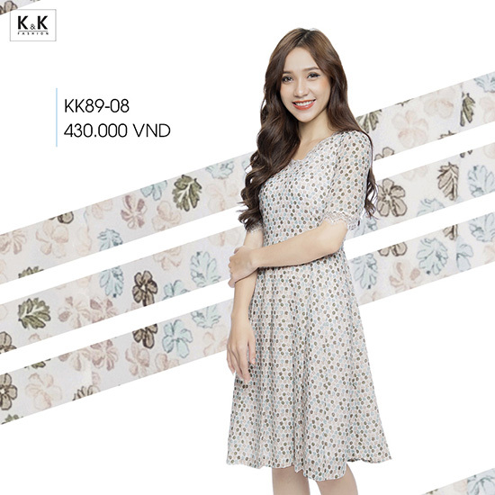 Đầm xòe hoa tay ngắn phối ren KK89-08