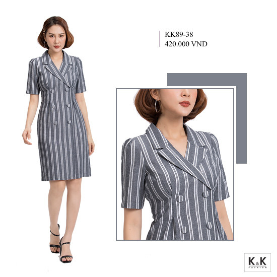 Đầm chữ A cổ đan-tông phối nút  KK89-38