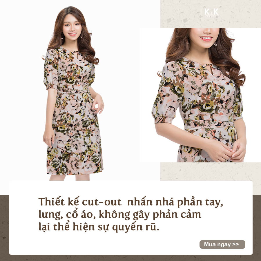 Đầm họa tiết form chữ A cổ cut-out nhấn eo HL08-27